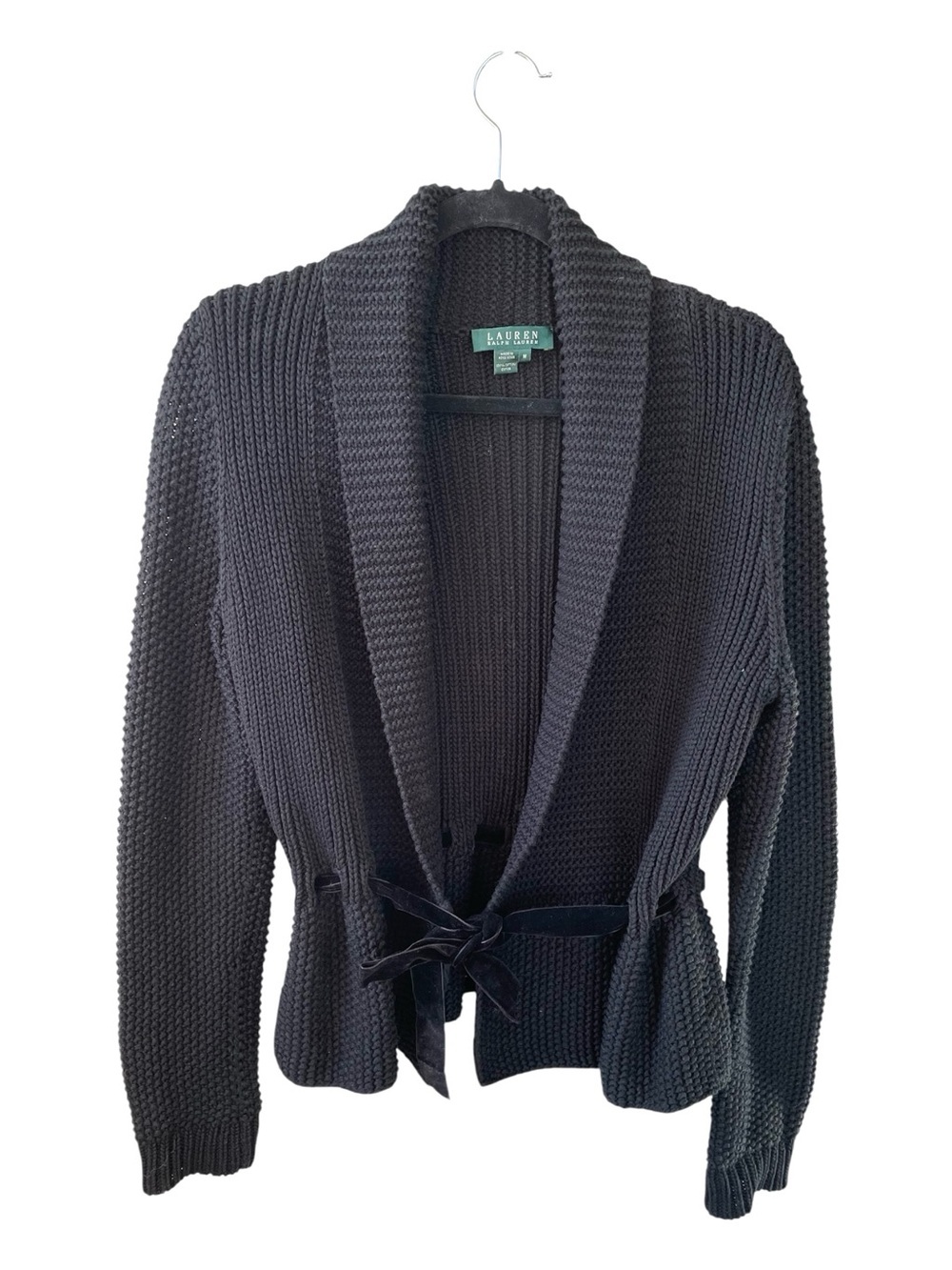 Lauren Ralph Lauren Black Cotton Knit Shawl Collar Cardigan Medium